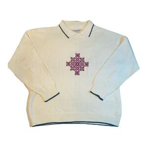 Chelsea Gardens Vintage Womens Cream Embroidered Polo Sweater Navy Trim Size M